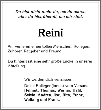 Traueranzeige von Reini  von Allgäuer Zeitung,Kempten