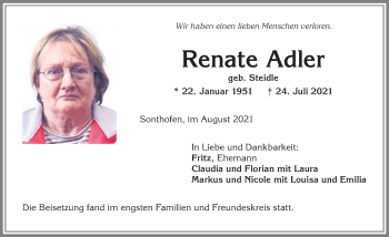 Traueranzeige von Renate Adler von Allgäuer Anzeigeblatt