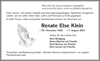 Traueranzeige von Renate Else Klein von Allgäuer Zeitung,Kempten