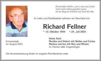Traueranzeige von Richard Fellner von Allgäuer Anzeigeblatt