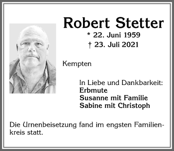 Traueranzeige von Robert Stetter von Allgäuer Zeitung,Kempten