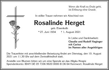 Traueranzeige von Rosalinde Herget von Allgäuer Zeitung,Kempten