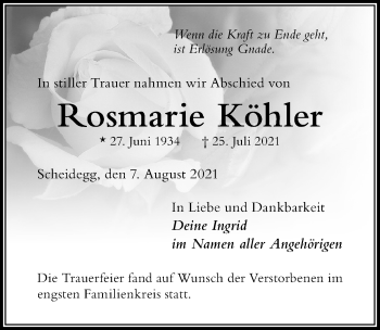 Traueranzeige von Rosmarie Köhler von Der Westallgäuer