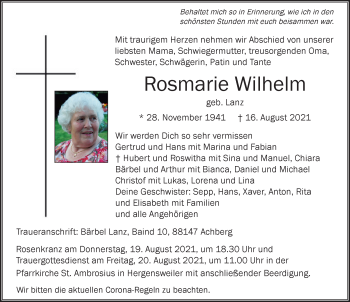 Traueranzeige von Rosmarie Wilhelm von Der Westallgäuer