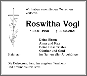 Traueranzeige von Roswitha Vogl von Allgäuer Anzeigeblatt