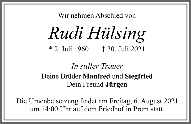  Traueranzeige für Rudi Hülsing vom 04.08.2021 aus Allgäuer Zeitung, Füssen