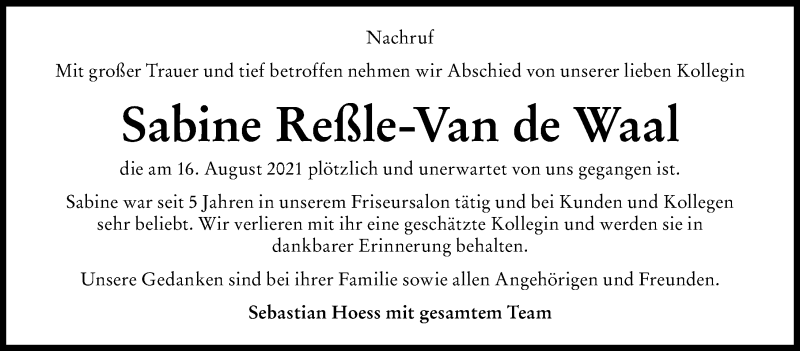  Traueranzeige für Sabine Reßle-Van de Waal vom 27.08.2021 aus Allgäuer Zeitung