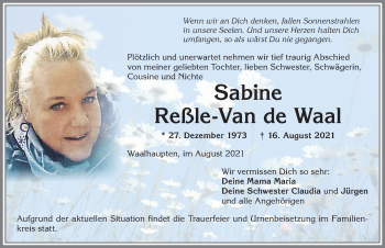 Traueranzeige von Sabine Reßle-Van de Waal von Allgäuer Zeitung, Kaufbeuren/Buchloe