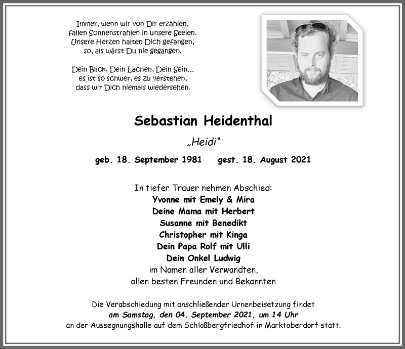  Traueranzeige für Sebastian Heidenthal vom 26.08.2021 aus Allgäuer Zeitung, Marktoberdorf