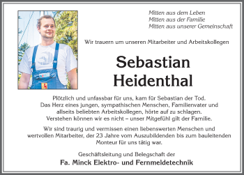 Traueranzeige von Sebastian Heidenthal von Allgäuer Zeitung, Marktoberdorf