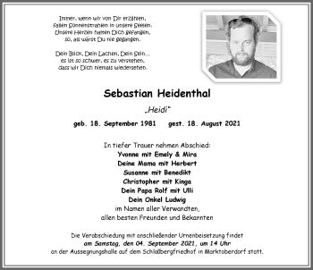 Traueranzeige von Sebastian Heidenthal von Allgäuer Zeitung, Marktoberdorf