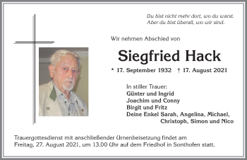 Traueranzeige von Siegfried Hack von Allgäuer Anzeigeblatt