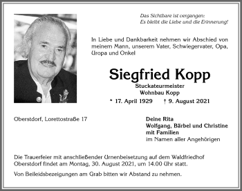 Traueranzeige von Siegfried Kopp von Allgäuer Anzeigeblatt