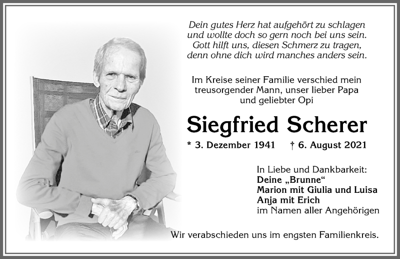  Traueranzeige für Siegfried Scherer vom 12.08.2021 aus Allgäuer Zeitung,Kempten