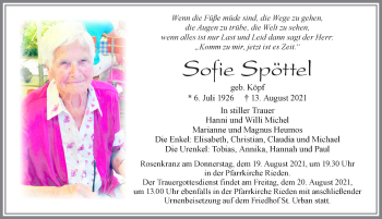 Traueranzeige von Sofie Spöttel von Allgäuer Zeitung, Füssen