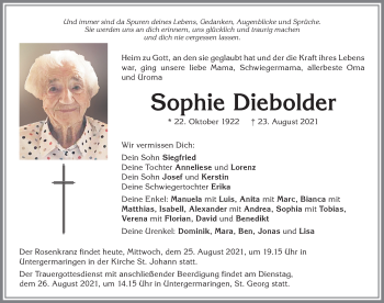 Traueranzeige von Sophie Diebolder von Allgäuer Zeitung, Kaufbeuren/Buchloe