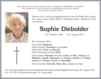 Traueranzeige von Sophie Diebolder von Allgäuer Zeitung, Kaufbeuren/Buchloe