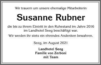 Traueranzeige von Susanne Rubner von Allgäuer Zeitung, Füssen
