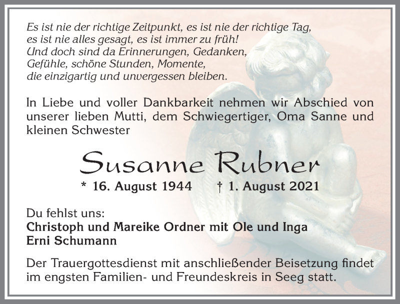  Traueranzeige für Susanne Rubner vom 07.08.2021 aus Allgäuer Zeitung, Füssen