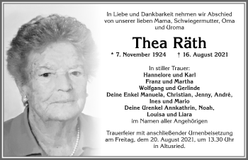 Traueranzeige von Thea Räth von Allgäuer Zeitung,Kempten