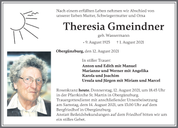 Traueranzeige von Theresia Gmeindner von Allgäuer Zeitung, Marktoberdorf
