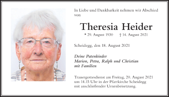 Traueranzeige von Theresia Heider von Der Westallgäuer