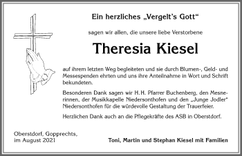 Traueranzeige von Theresia Kiesel von Allgäuer Anzeigeblatt