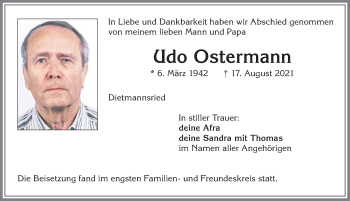 Traueranzeige von Udo Ostermann von Allgäuer Zeitung,Kempten