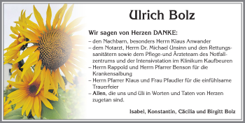 Traueranzeige von Ulrich Bolz von Allgäuer Zeitung, Kaufbeuren/Buchloe