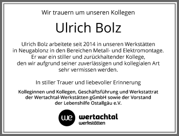 Traueranzeige von Ulrich Bolz von Allgäuer Zeitung, Kaufbeuren/Buchloe
