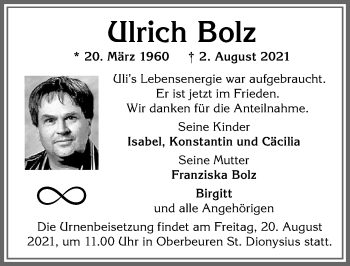 Traueranzeige von Ulrich Bolz von Allgäuer Zeitung