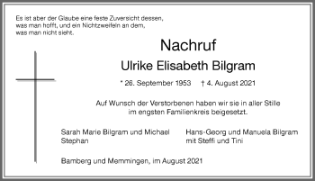 Traueranzeige von Ulrike Elisabeth Bilgram von Memminger Zeitung
