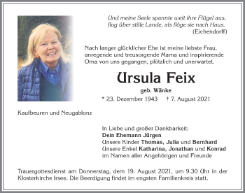 Traueranzeige von Ursula Feix von Allgäuer Zeitung, Kaufbeuren/Buchloe