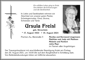 Traueranzeige von Ursula Freisl von Allgäuer Anzeigeblatt