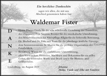 Traueranzeige von Waldemar Fister von Der Westallgäuer
