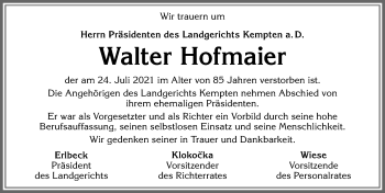 Traueranzeige von Walter Hofmaier von Allgäuer Zeitung,Kempten
