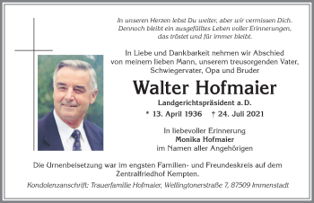 Traueranzeige von Walter Hofmaier von Allgäuer Zeitung,Kempten