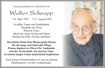 Traueranzeige von Walter Schropp von Allgäuer Zeitung, Füssen