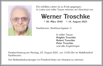 Traueranzeige von Werner Troschke von Allgäuer Zeitung, Kaufbeuren/Buchloe
