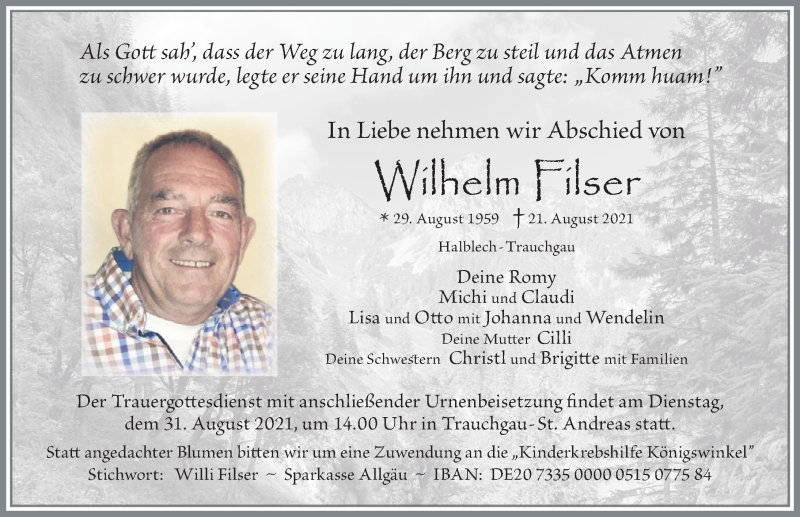  Traueranzeige für Wilhelm Filser vom 28.08.2021 aus Allgäuer Zeitung, Füssen