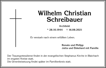 Traueranzeige von Wilhelm Schreibauer von Allgäuer Zeitung