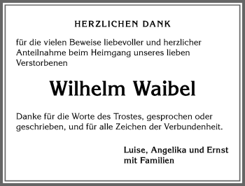 Traueranzeige von Wilhelm Waibel von Allgäuer Anzeigeblatt