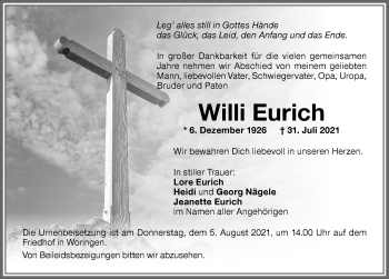 Traueranzeige von Willi Eurich von Memminger Zeitung