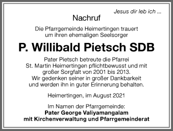 Traueranzeige von Willibald Pietsch von Memminger Zeitung