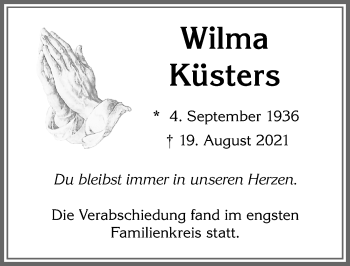 Traueranzeige von Wilma Küsters von Allgäuer Zeitung, Kaufbeuren/Buchloe