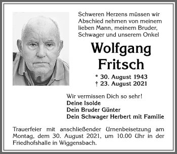 Traueranzeige von Wolfgang Fritsch von Allgäuer Zeitung,Kempten