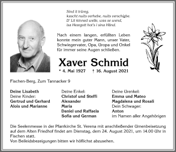 Traueranzeige von Xaver Schmid von Allgäuer Anzeigeblatt