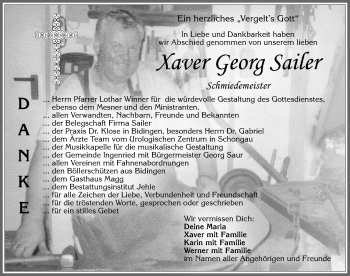 Traueranzeige von Xaver Georg Sailer von Allgäuer Zeitung