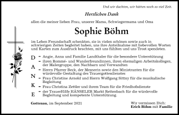 Traueranzeige von Sophie Böhm 