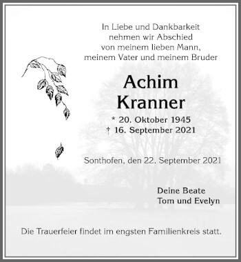 Traueranzeige von Achim Kranner von Allgäuer Anzeigeblatt